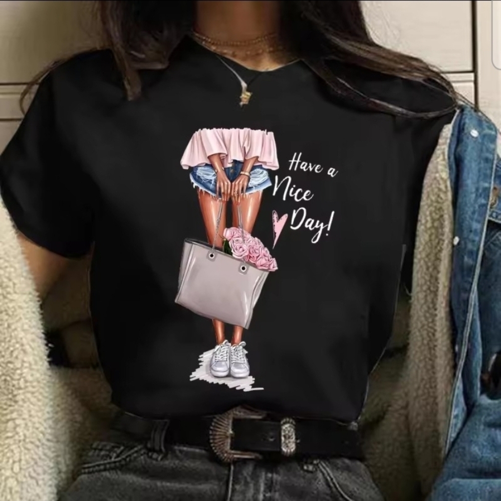 Women Black Graphic Tee Fashion Print Casual Round Neck Short Slee Top Tee Shirt